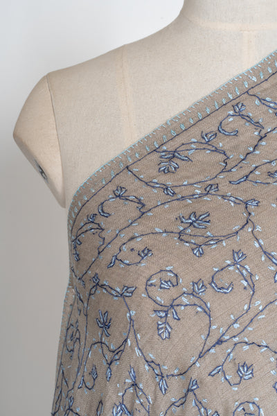 2.5 Yards | Aabroo-e-Neela — Sozni Hand-Embroidered Shawl in Taupe with Blue & White Vines
