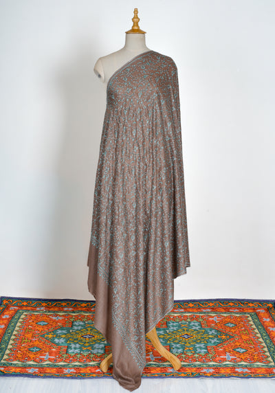 2.5 Yards | Subh-e-Feroza — Sozni Hand-Embroidered Shawl in Cocoa Brown with Teal & Ivory Vines