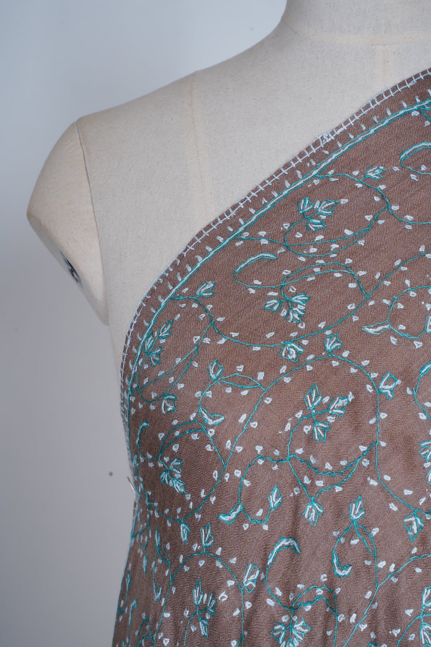 2.5 Yards | Subh-e-Feroza — Sozni Hand-Embroidered Shawl in Cocoa Brown with Teal & Ivory Vines