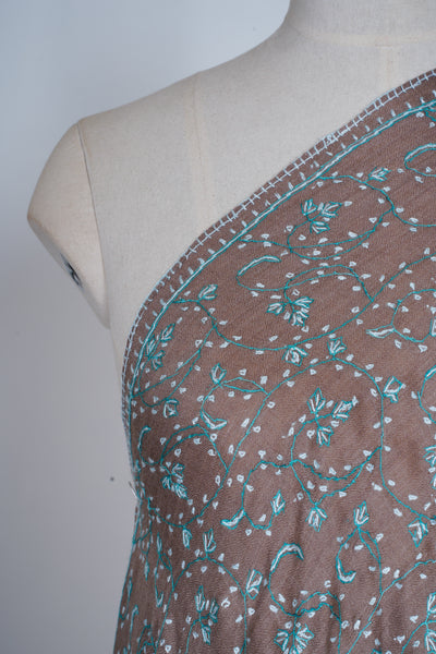 2.5 Yards | Subh-e-Feroza — Sozni Hand-Embroidered Shawl in Cocoa Brown with Teal & Ivory Vines