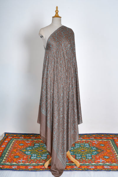 2.5 Yards | Subh-e-Feroza — Sozni Hand-Embroidered Shawl in Cocoa Brown with Teal & Ivory Vines