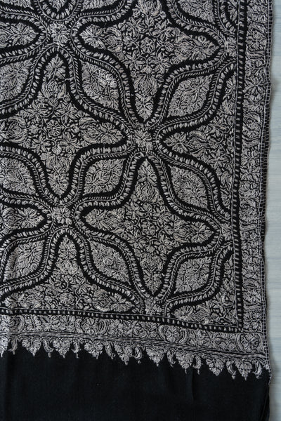 2.5 Yards | Siyah Jamawar — Sozni Hand-Embroidered Shawl in Monochrome Elegance