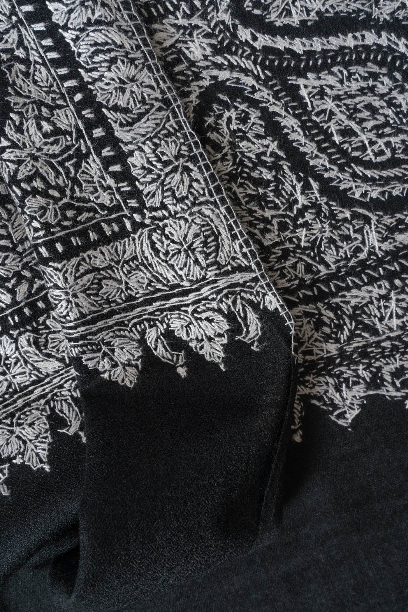 2.5 Yards | Siyah Jamawar — Sozni Hand-Embroidered Shawl in Monochrome Elegance
