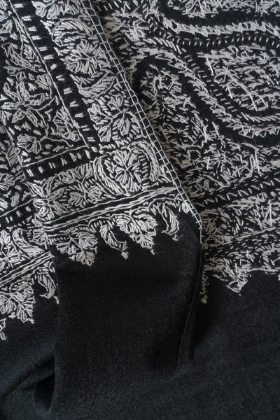 2.5 Yards | Siyah Jamawar — Sozni Hand-Embroidered Shawl in Monochrome Elegance