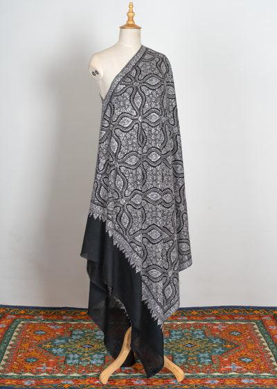 2.5 Yards | Siyah Jamawar — Sozni Hand-Embroidered Shawl in Monochrome Elegance