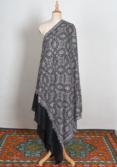 2.5 Yards | Siyah Jamawar — Sozni Hand-Embroidered Shawl in Monochrome Elegance