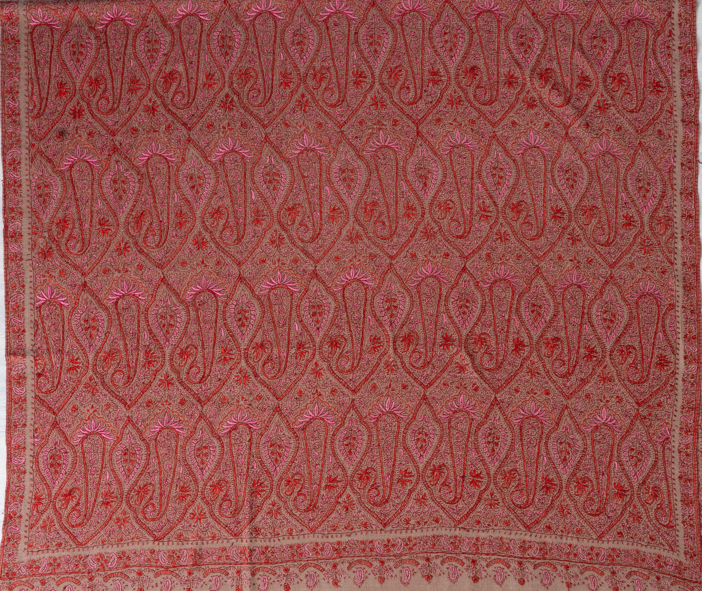 2.5 Yards | Gulnaar-e-Banafsha — Sozni Hand-Embroidered Jamawar Shawl in Beige with Red & Rose Hues