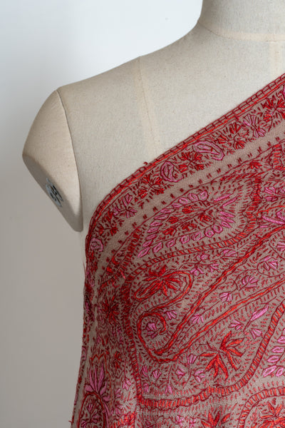 2.5 Yards | Gulnaar-e-Banafsha — Sozni Hand-Embroidered Jamawar Shawl in Beige with Red & Rose Hues
