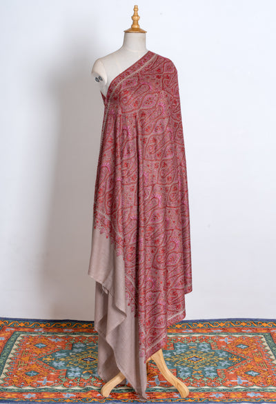 2.5 Yards | Gulnaar-e-Banafsha — Sozni Hand-Embroidered Jamawar Shawl in Beige with Red & Rose Hues