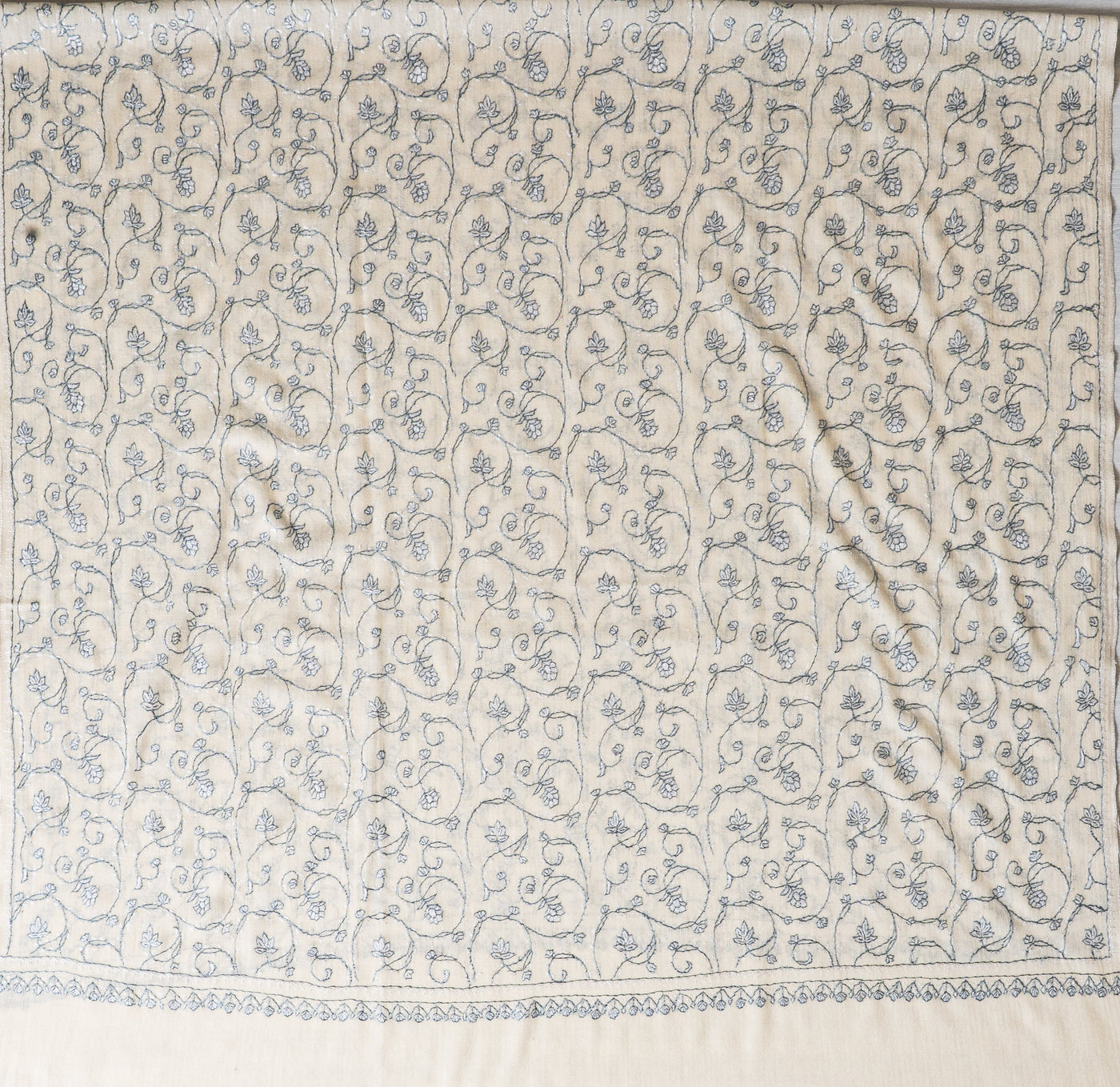 2.5 Yards | Shabnum-e-Nilofar — Sozni Hand-Embroidered Shawl in Ivory with Sky Blue Florals
