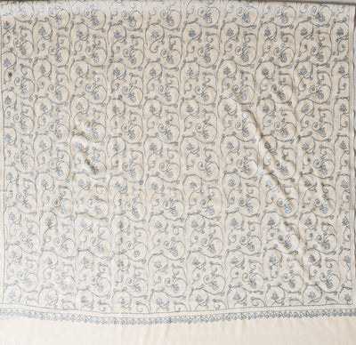 2.5 Yards | Shabnum-e-Nilofar — Sozni Hand-Embroidered Shawl in Ivory with Sky Blue Florals