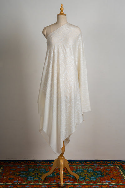 Ivory Whisper Hand-Embroidered Sozni Merino Wool Shawl