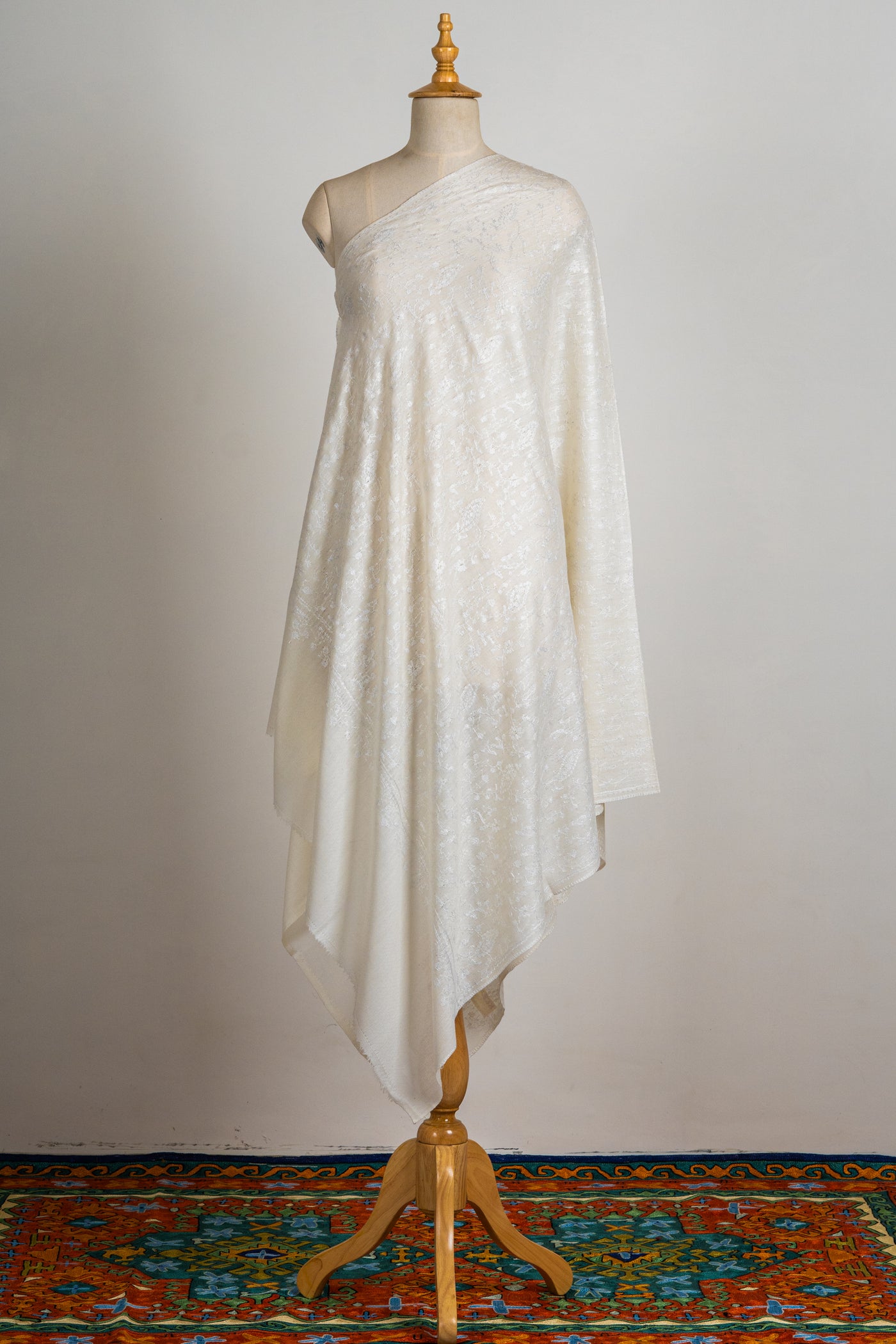 Ivory Whisper Hand-Embroidered Sozni Merino Wool Shawl