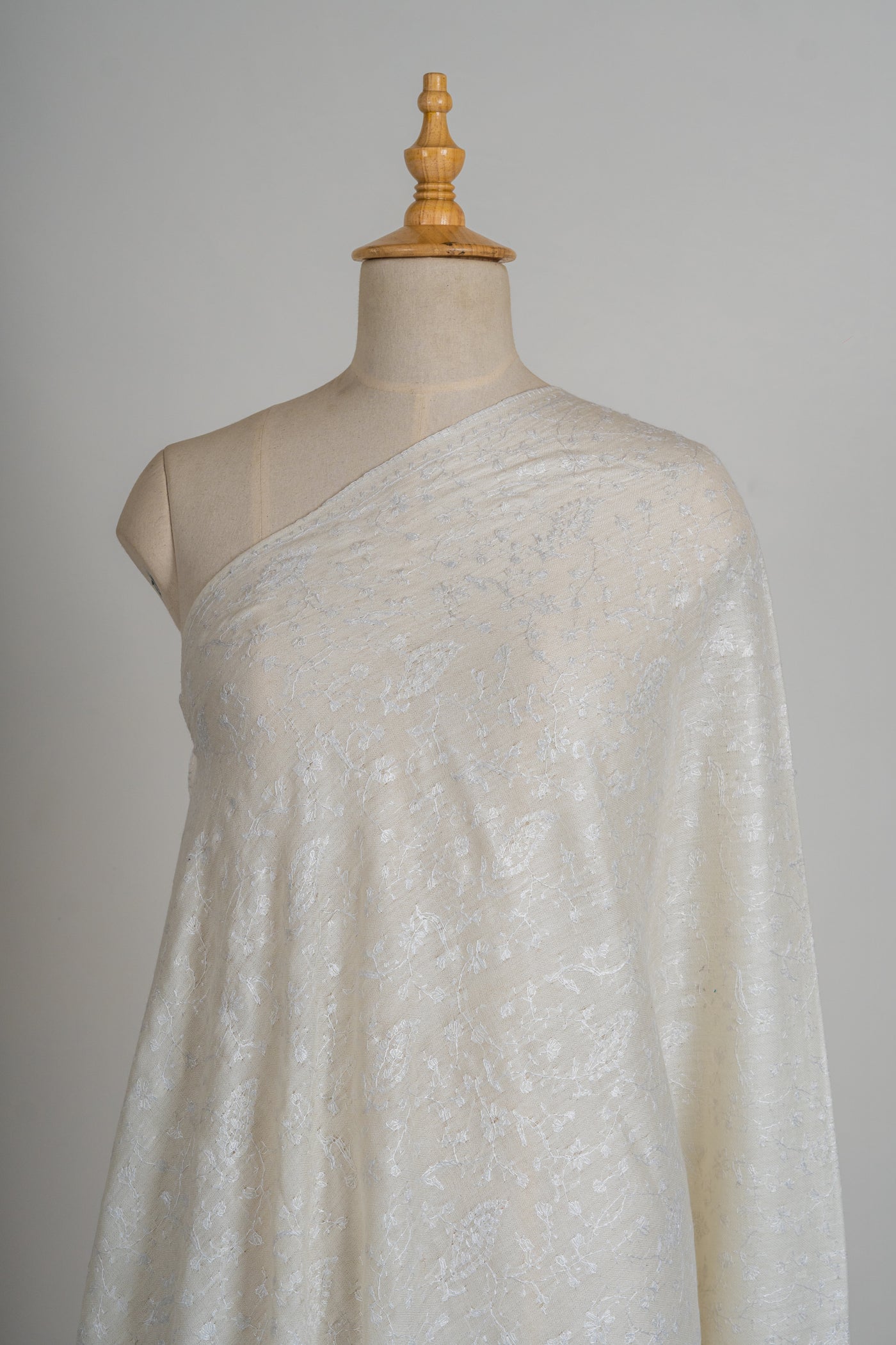 Ivory Whisper Hand-Embroidered Sozni Merino Wool Shawl