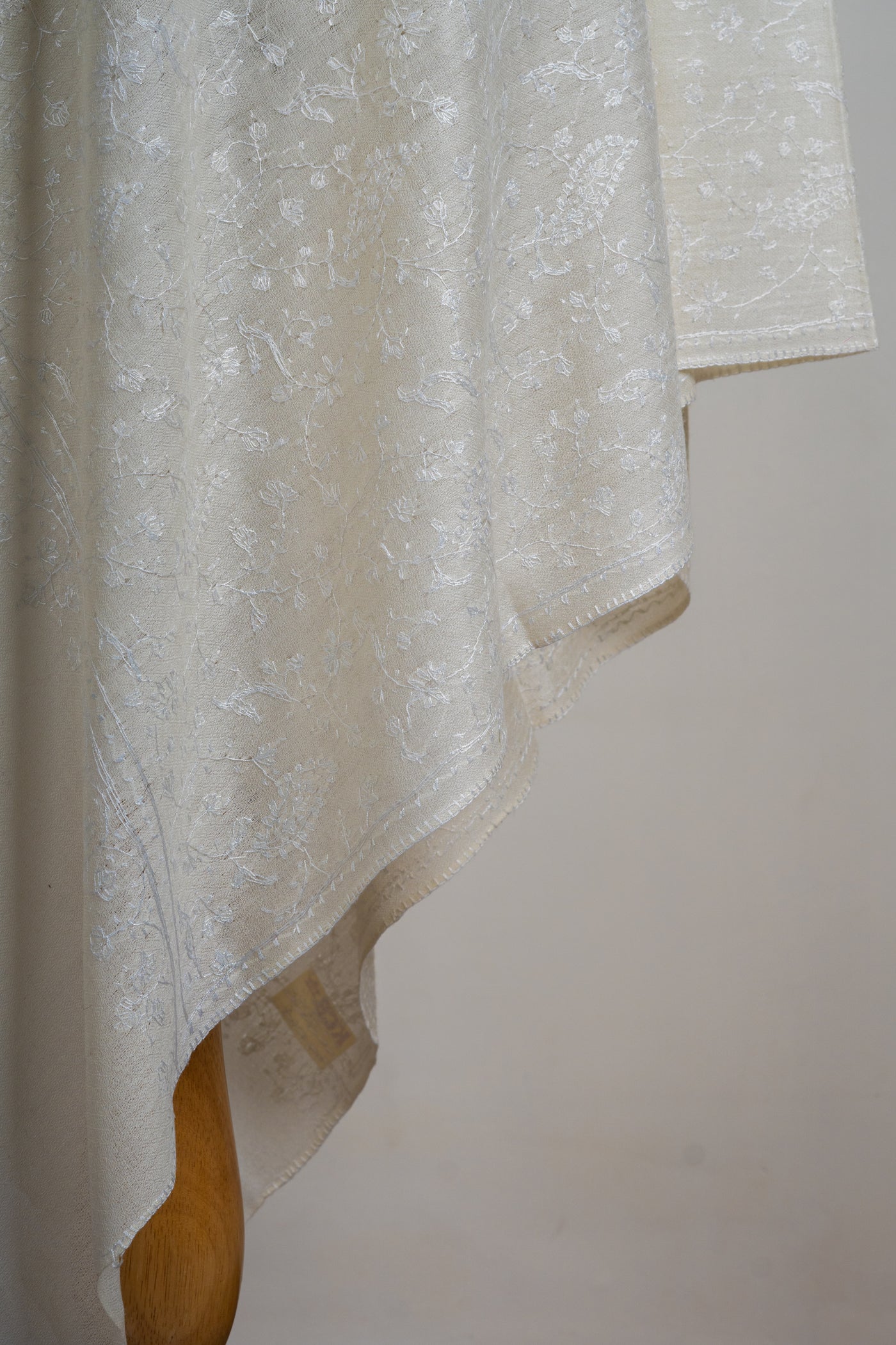 Ivory Whisper Hand-Embroidered Sozni Merino Wool Shawl