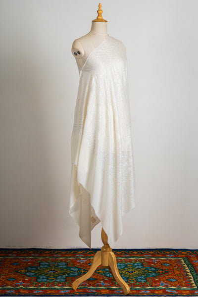 Ivory Whisper Hand-Embroidered Sozni Merino Wool Shawl