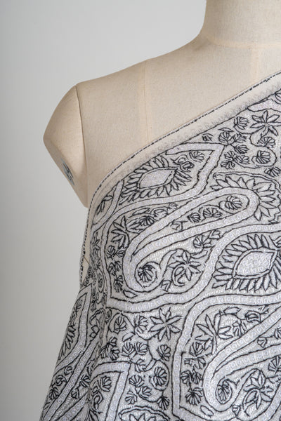 Noir Paisley Hand-Embroidered Sozni Merino Wool Shawl