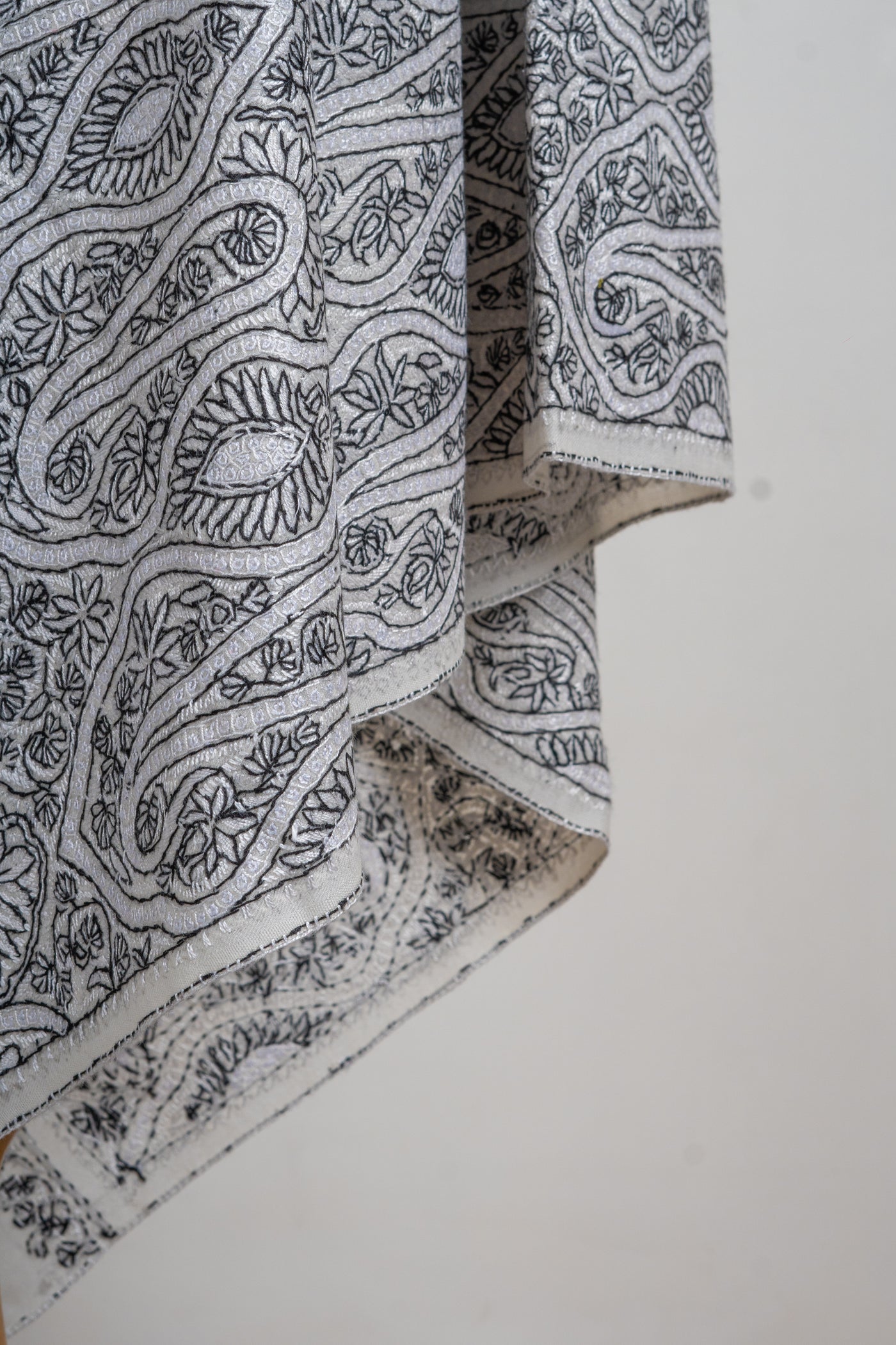 Noir Paisley Hand-Embroidered Sozni Merino Wool Shawl