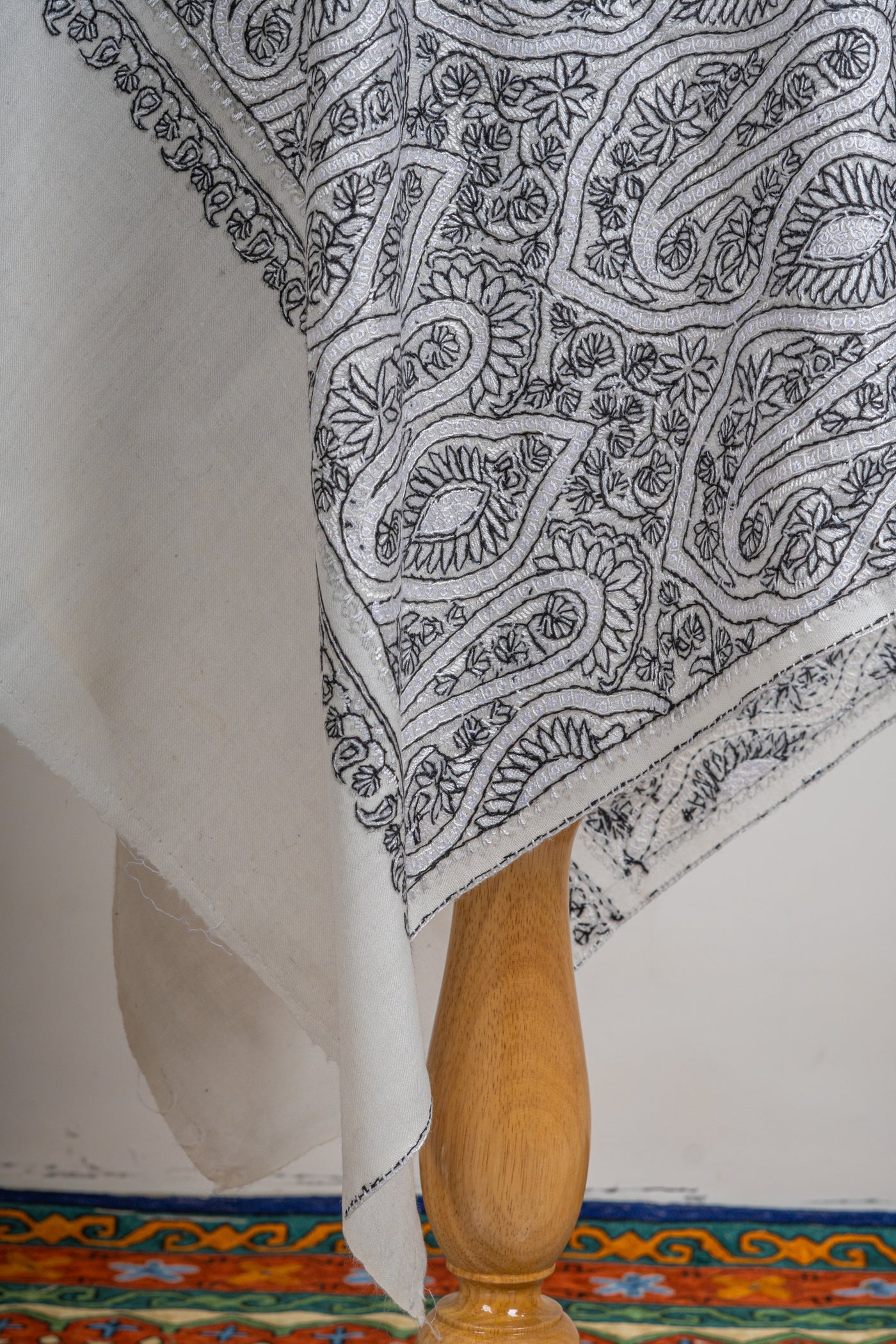 Noir Paisley Hand-Embroidered Sozni Merino Wool Shawl