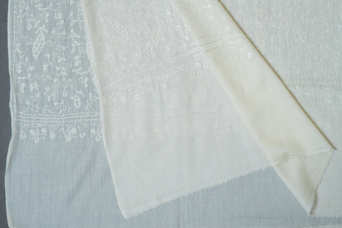 Ivory Whisper Hand-Embroidered Sozni Merino Wool Shawl