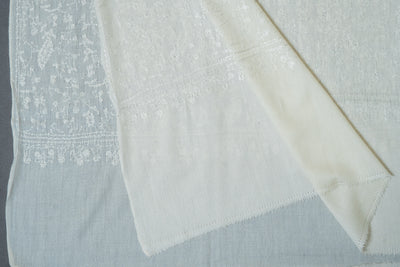 Ivory Whisper Hand-Embroidered Sozni Merino Wool Shawl