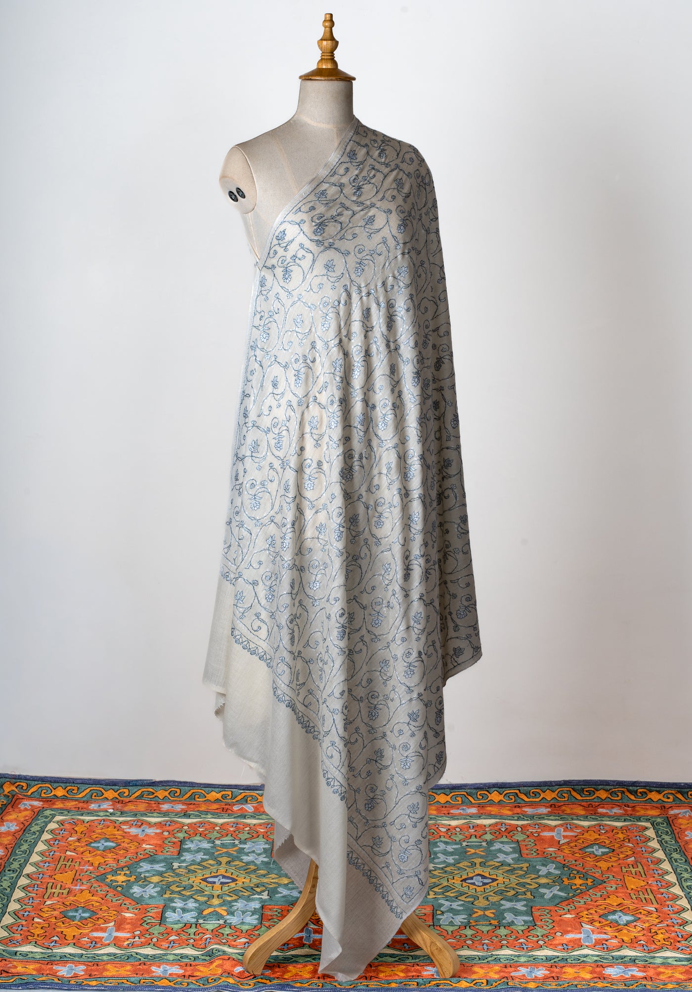 2.5 Yards | Shabnum-e-Nilofar — Sozni Hand-Embroidered Shawl in Ivory with Sky Blue Florals