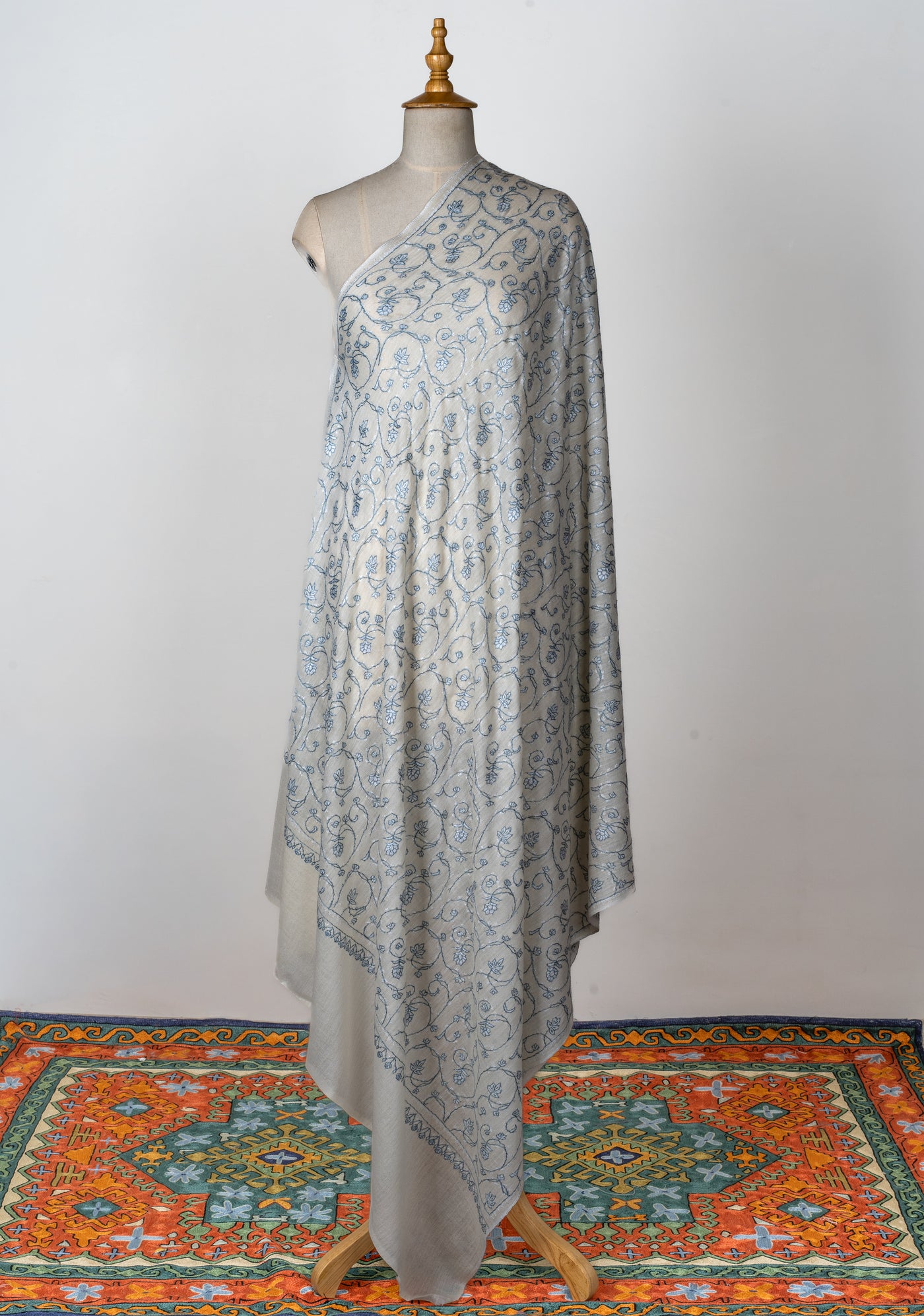 2.5 Yards | Shabnum-e-Nilofar — Sozni Hand-Embroidered Shawl in Ivory with Sky Blue Florals