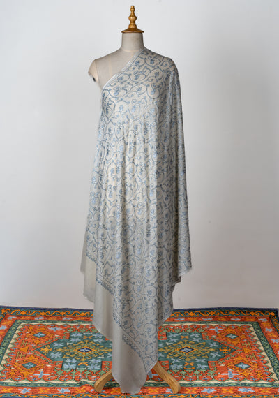 2.5 Yards | Shabnum-e-Nilofar — Sozni Hand-Embroidered Shawl in Ivory with Sky Blue Florals