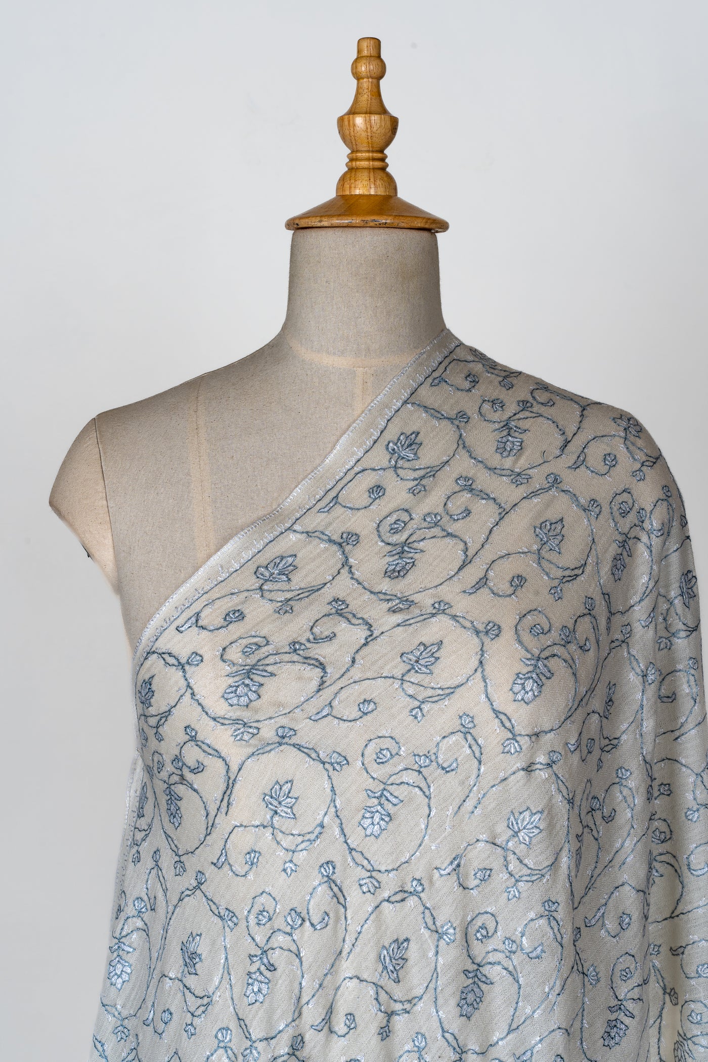 2.5 Yards | Shabnum-e-Nilofar — Sozni Hand-Embroidered Shawl in Ivory with Sky Blue Florals