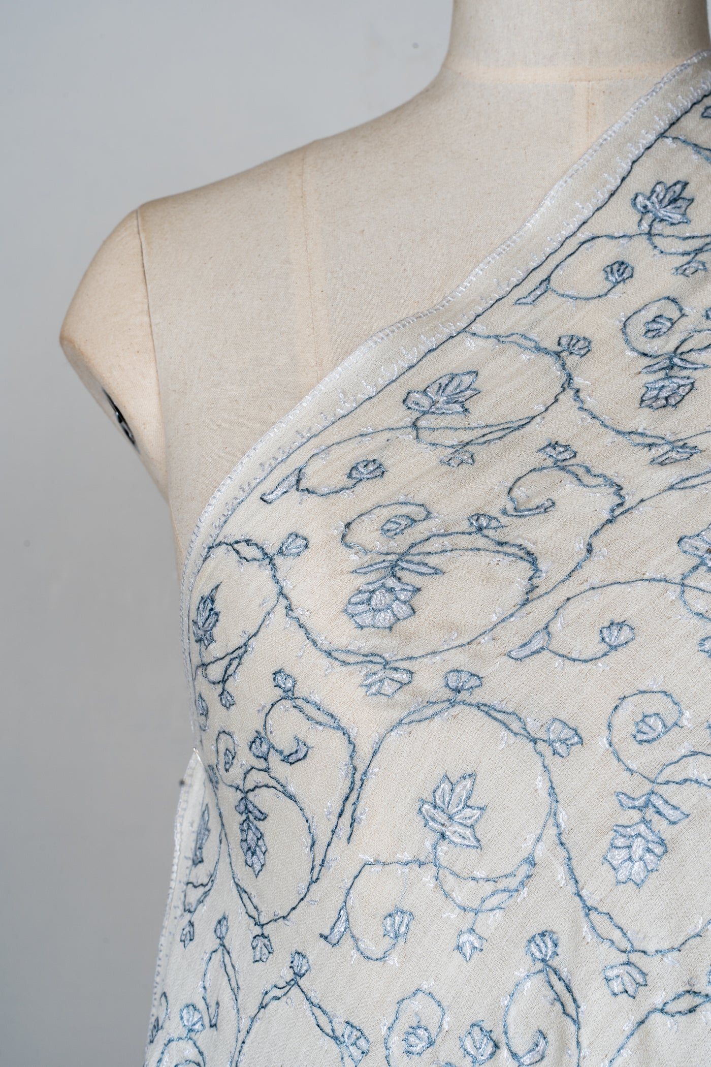 2.5 Yards | Shabnum-e-Nilofar — Sozni Hand-Embroidered Shawl in Ivory with Sky Blue Florals