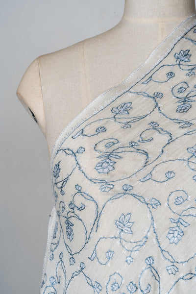 2.5 Yards | Shabnum-e-Nilofar — Sozni Hand-Embroidered Shawl in Ivory with Sky Blue Florals