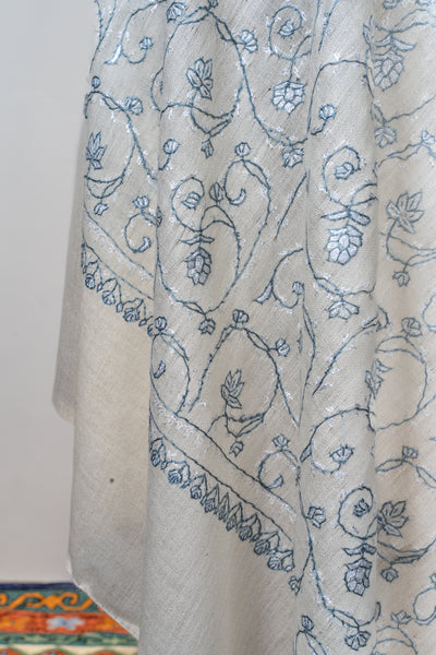 2.5 Yards | Shabnum-e-Nilofar — Sozni Hand-Embroidered Shawl in Ivory with Sky Blue Florals