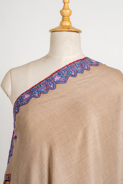 Kalamkari: Beige Splendor Pure Pashmina Hand-Embroidered Sozni Shawl