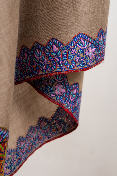 Kalamkari: Beige Splendor Pure Pashmina Hand-Embroidered Sozni Shawl