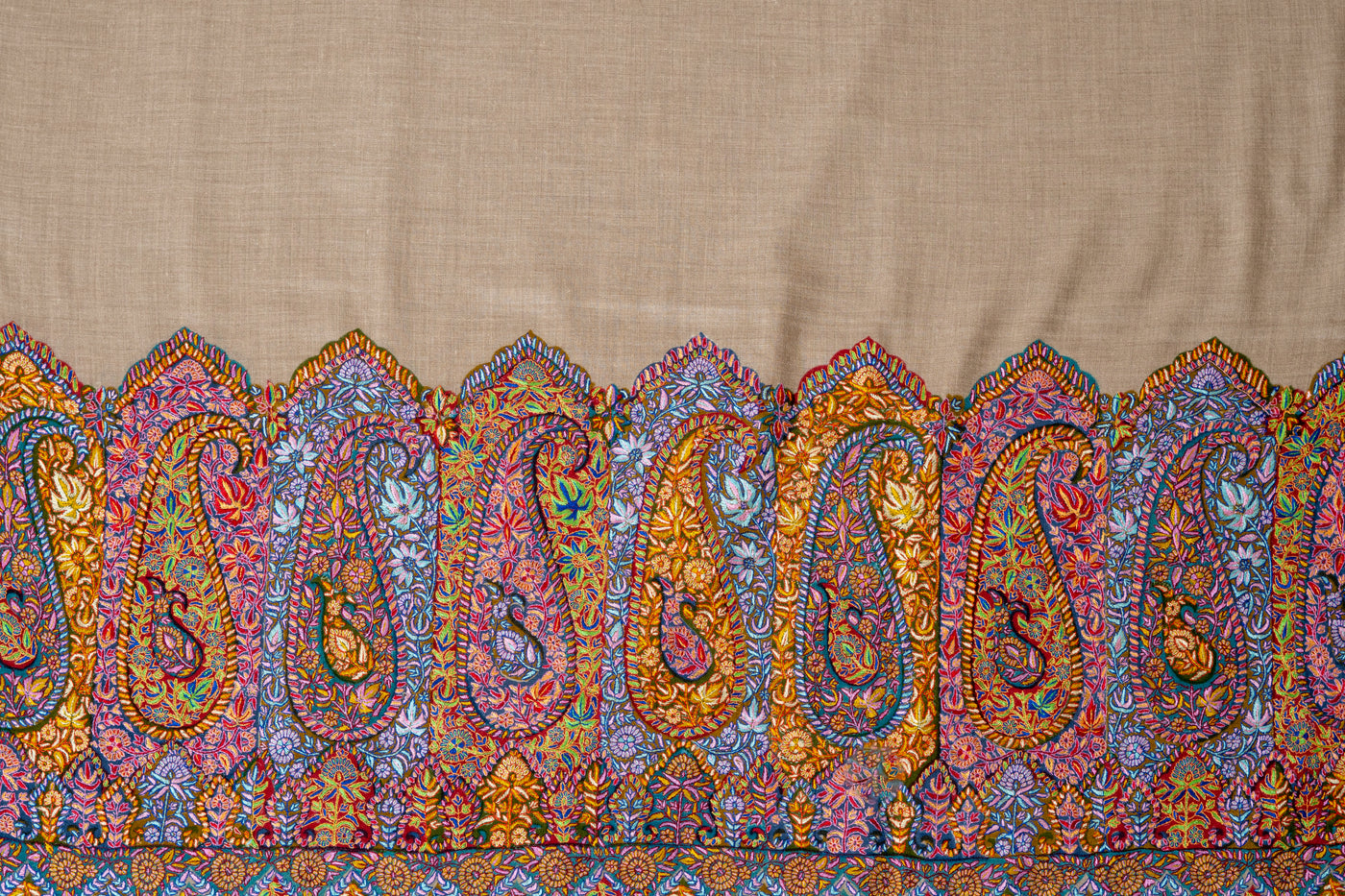 Kalamkari: Beige Splendor Pure Pashmina Hand-Embroidered Sozni Shawl