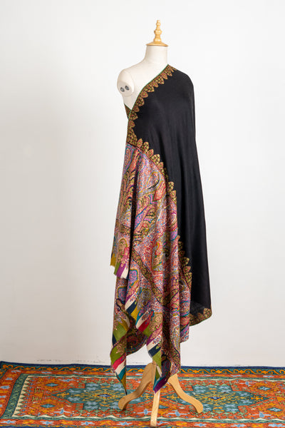 Kalamkari: Midnight Elegance Hand-Embroidered Pure Pashmina Sozni Shawl