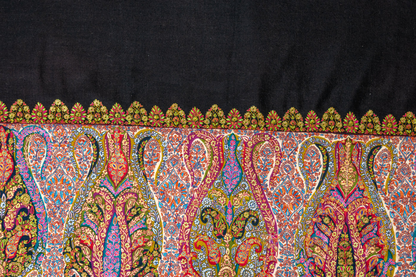 Kalamkari: Midnight Elegance Hand-Embroidered Pure Pashmina Sozni Shawl