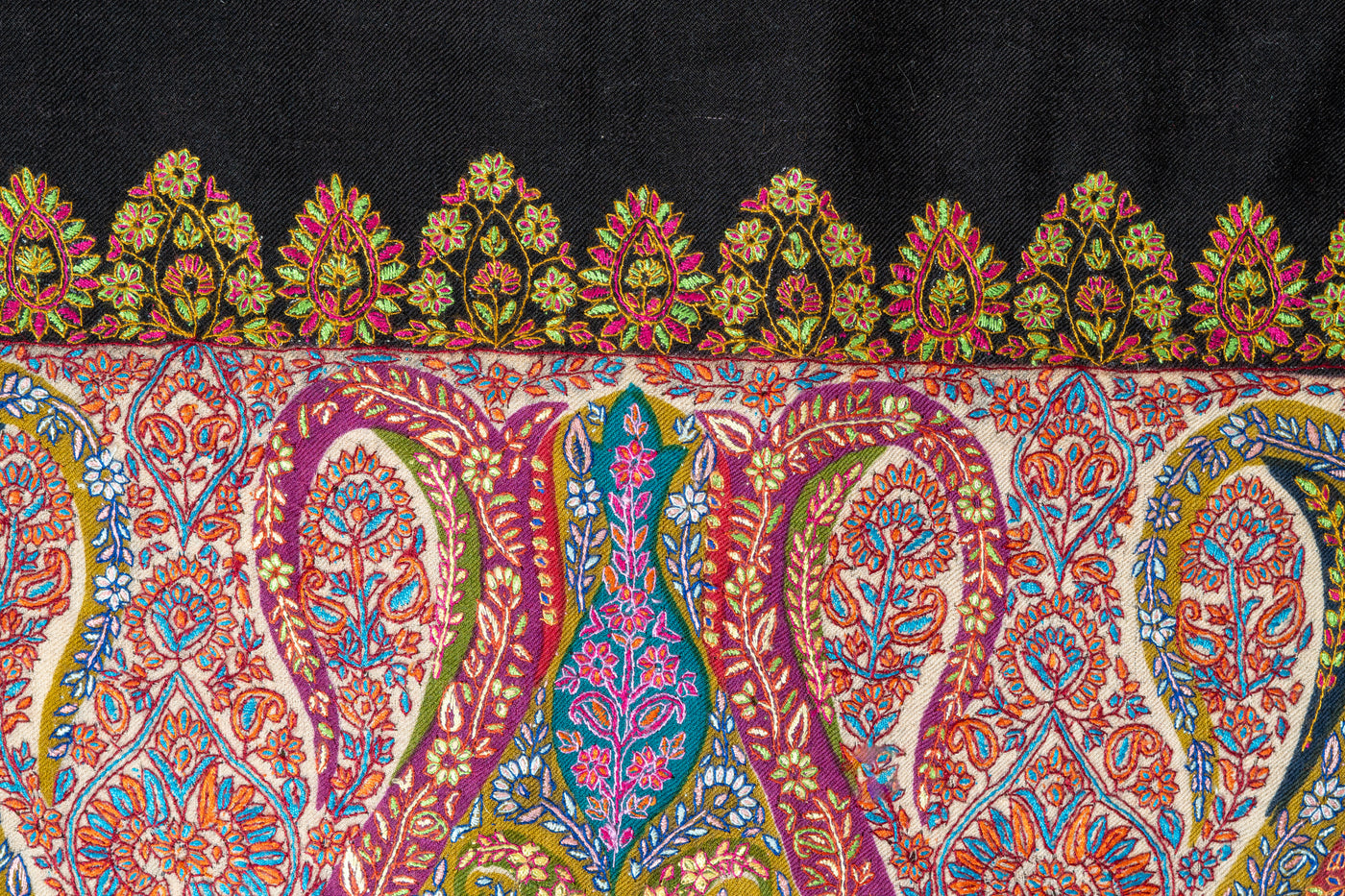 Kalamkari: Midnight Elegance Hand-Embroidered Pure Pashmina Sozni Shawl