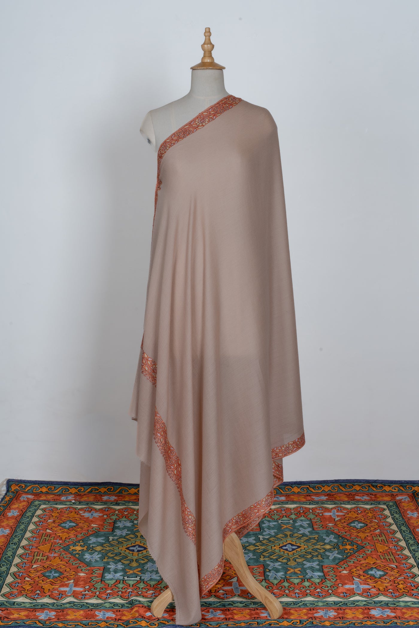 2.5 Yards | Gul-e-Narm — Sozni Hand-Embroidered Shawl in Beige with Rust & Ivory Borders