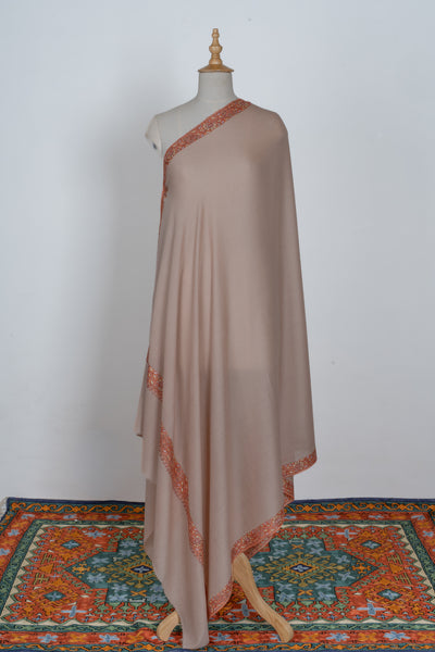 2.5 Yards | Gul-e-Narm — Sozni Hand-Embroidered Shawl in Beige with Rust & Ivory Borders
