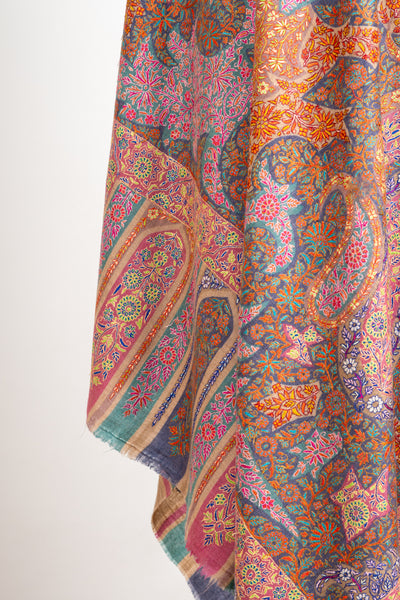 Kalamkari: Kashmiri Tapestry Pure Pashmina Hand-Embroidered Sozni Shawl