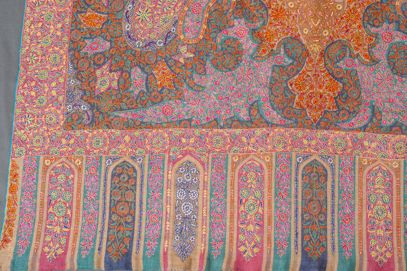 Kalamkari: Kashmiri Tapestry Pure Pashmina Hand-Embroidered Sozni Shawl