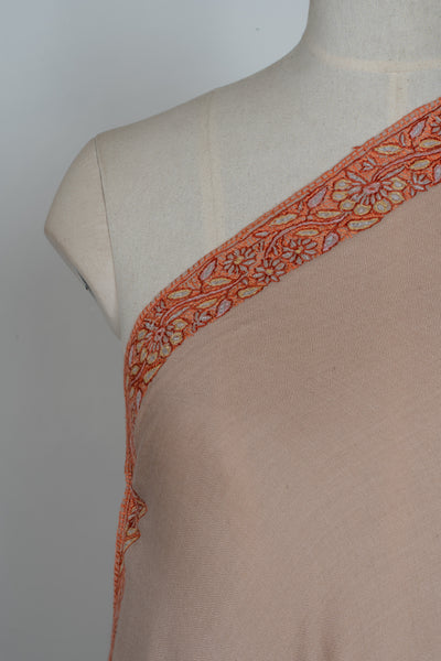 2.5 Yards | Gul-e-Narm — Sozni Hand-Embroidered Shawl in Beige with Rust & Ivory Borders