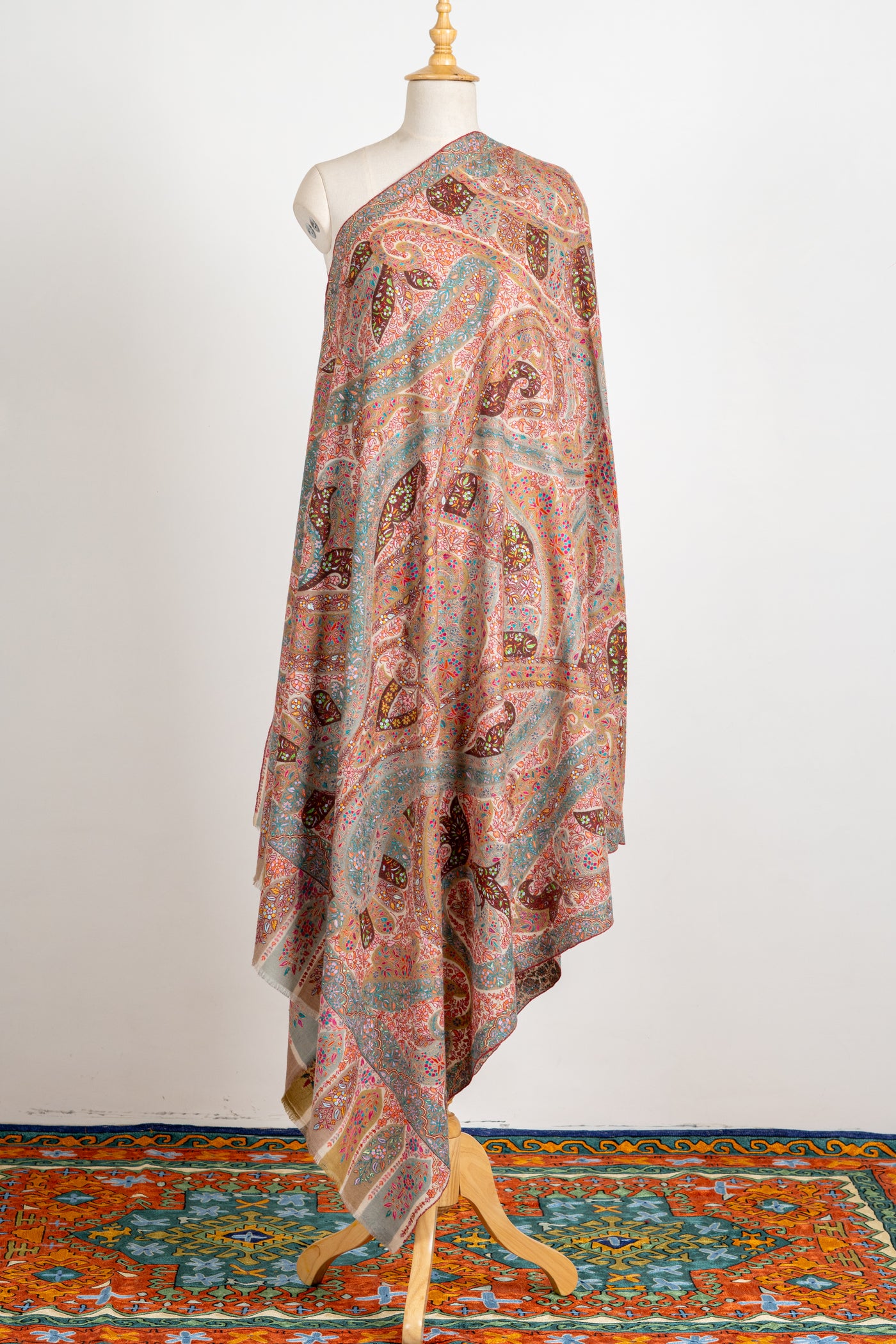 Kalamkari: Ethereal Paisley Pure Pashmina Hand-Embroidered Sozni Shawl