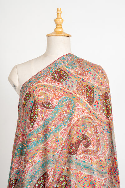 Kalamkari: Ethereal Paisley Pure Pashmina Hand-Embroidered Sozni Shawl