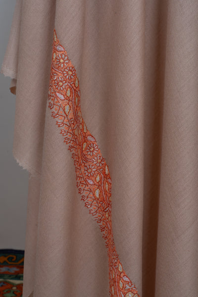 2.5 Yards | Gul-e-Narm — Sozni Hand-Embroidered Shawl in Beige with Rust & Ivory Borders