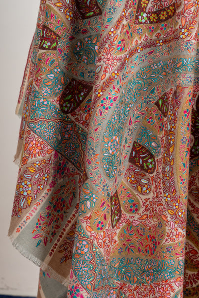 Kalamkari: Ethereal Paisley Pure Pashmina Hand-Embroidered Sozni Shawl