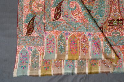 Kalamkari: Ethereal Paisley Pure Pashmina Hand-Embroidered Sozni Shawl