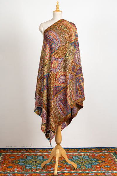 Kalamkari: Golden Bloom Pure Pashmina Hand-Embroidered Sozni Shawl