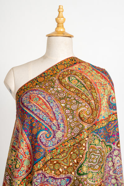 Kalamkari: Golden Bloom Pure Pashmina Hand-Embroidered Sozni Shawl